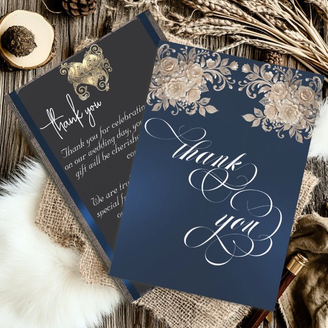 Ivory Roses Thank You Card - Dark Blue (Creator Uploaded)