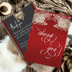 Ivory Roses Thank You Card - Red