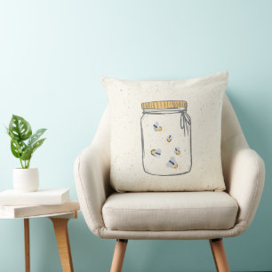 Ivory Rough Sketch Fireflies in Mason Jar Cushion