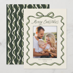 Ivory Sage Green Bow Ribbon Frame Photo Christmas Holiday Card