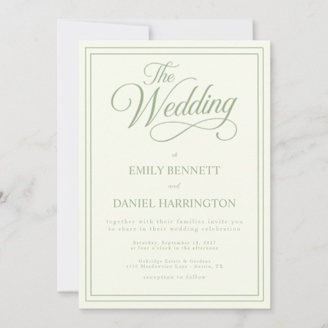 Ivory Sage Green Elegant Calligraphy Wedding Invitation (Front)
