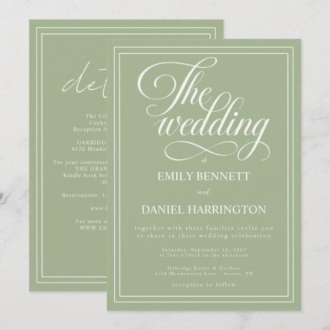 Ivory Sage Green Elegant Calligraphy Wedding Invitation (Front/Back)