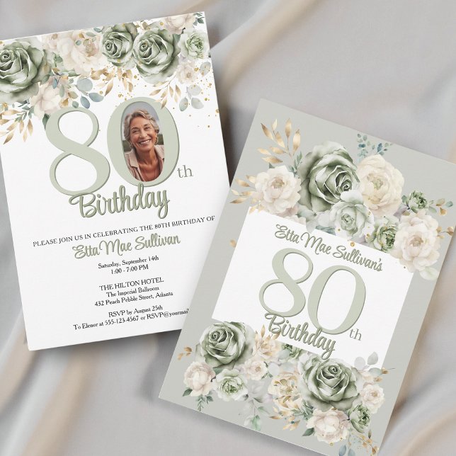Ivory Sage green Floral border 80th birthday Photo Invitation (Creator Uploaded)