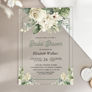 Ivory Sage Green Floral Bridal Shower Acrylic Invitations