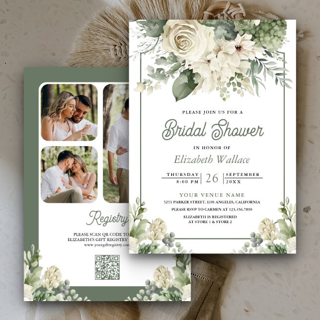 Ivory Sage Green Floral QR Code Bridal Shower Invitation (Creator Uploaded)