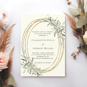 Ivory sage green greenery gold frame wedding invitation