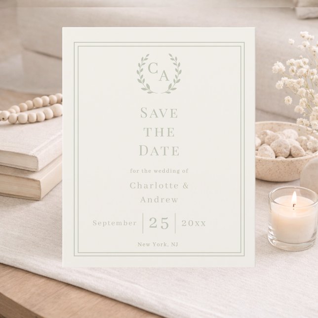 Ivory sage green monogram wedding Save the Date (Creator Uploaded)