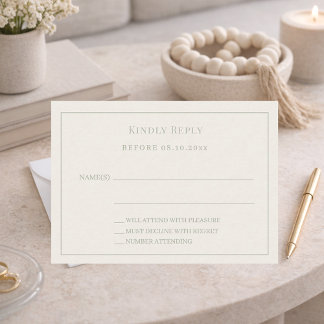 Ivory sage green pinstriped wedding response RSVP Card