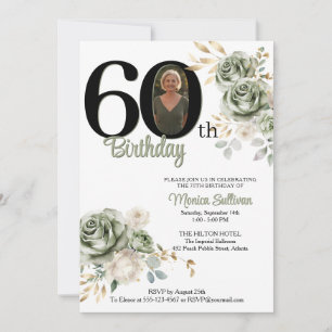 Ivory Sage green Roses Floral 60th birthday Photo Invitation