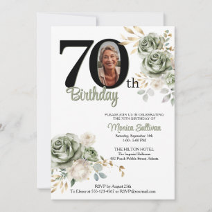 Ivory Sage green Roses Floral 70th birthday Photo Invitation
