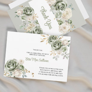 Ivory Sage green Roses Floral 80th birthday Thank You Card