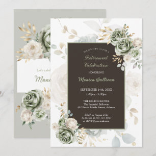 Ivory Sage Green Roses Floral Retirement Party Invitation