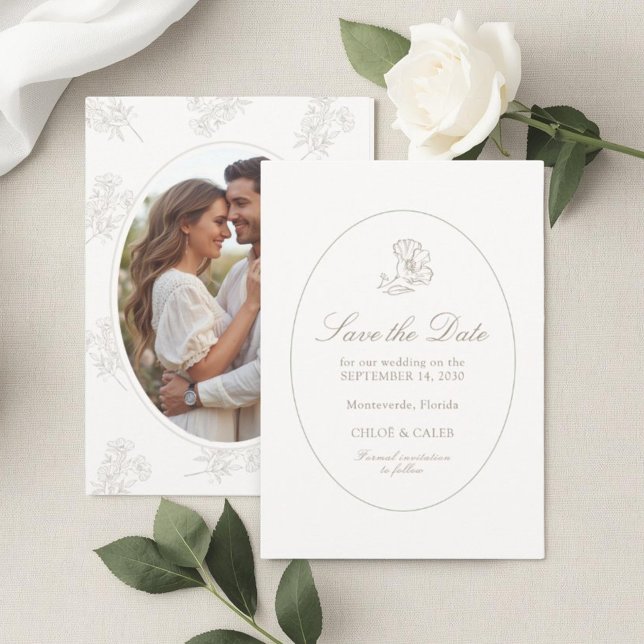Ivory & Sand | Chic Floral Couple Script Wedding Save The Date (Creator Uploaded)