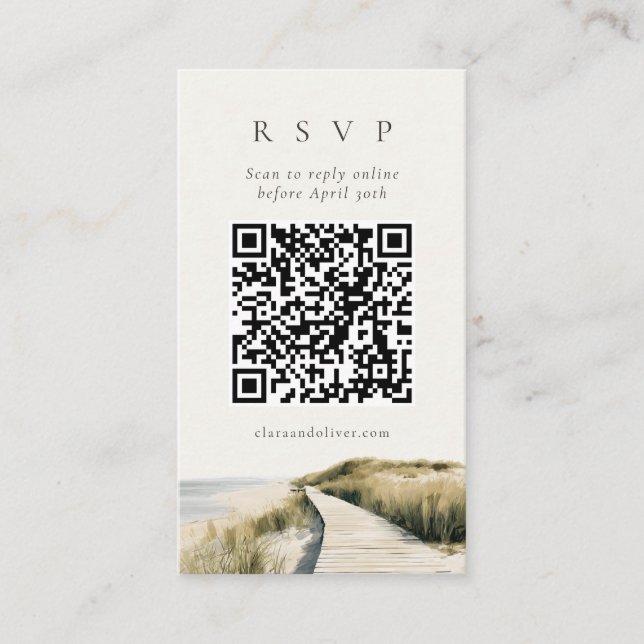 Ivory Sand Ocean Script Cape Cod QR Code RSVP Card (Front)
