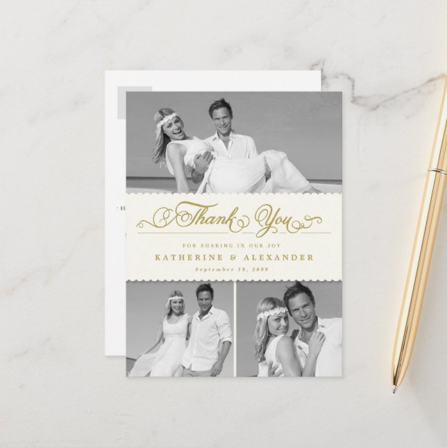 Ivory Scalloped Band 3 Photo Wedding Thank You Pos Postcard (Front/Back In Situ)