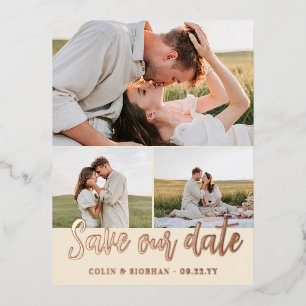 Ivory Script 3 Photos Wedding Save Our Date Foil Invitation Postcard