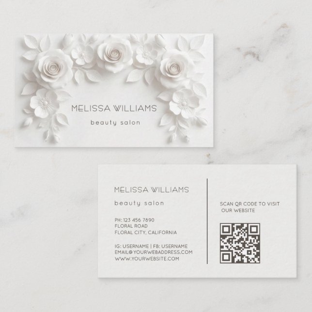 Ivory Sculptural 3D Flowers Business Card (Front/Back)