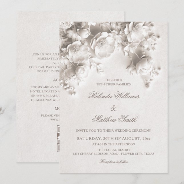 Ivory Sculptured 3D Roses All-In-One Wedding  Invitation (Front/Back)
