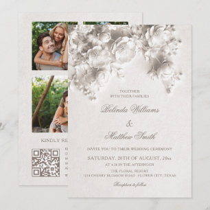 Ivory Sculptured Flowers 3D Roses Wedding Invitation