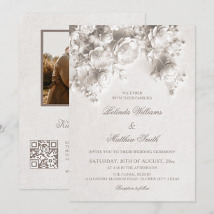 Ivory Sculptured Flowers 3D Roses Wedding Invitation