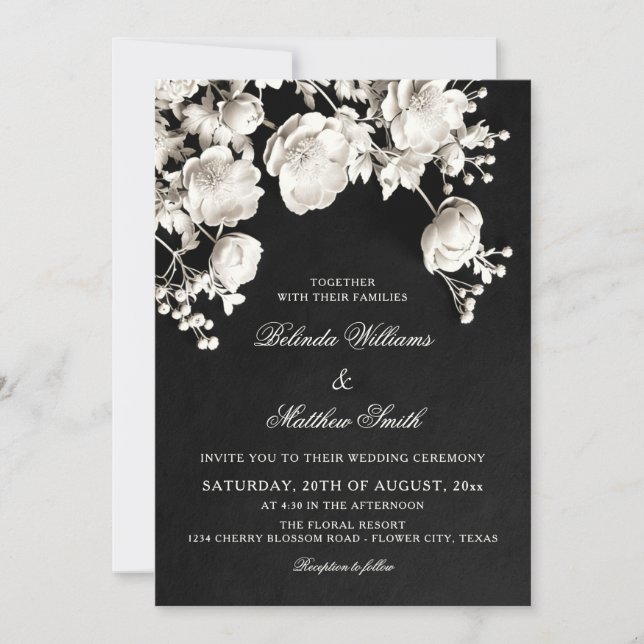 Ivory Sculptured Flowers 3D Roses Wedding Invitation (Front)