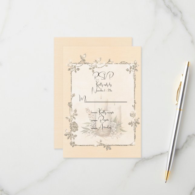 Ivory Shiny Elegant Sparkly Frame  RSVP Card (Front/Back In Situ)