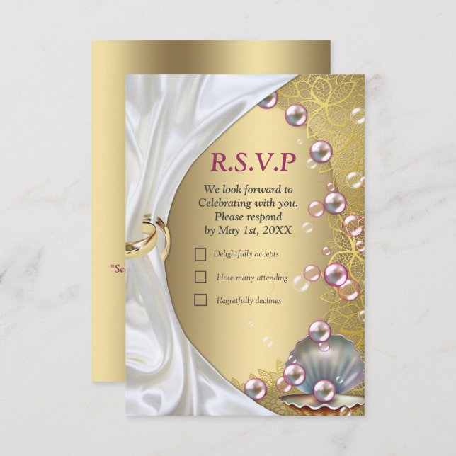 Ivory Silk, Gold Lace & Pearls and Marble RSVP Card (Front/Back)