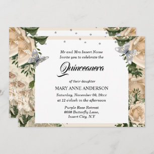 Ivory silver butterfly elegant rose quinceanera invitation