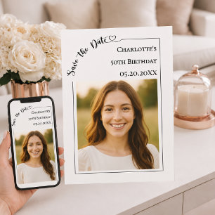 Ivory simple modern photo Birthday Save the Date