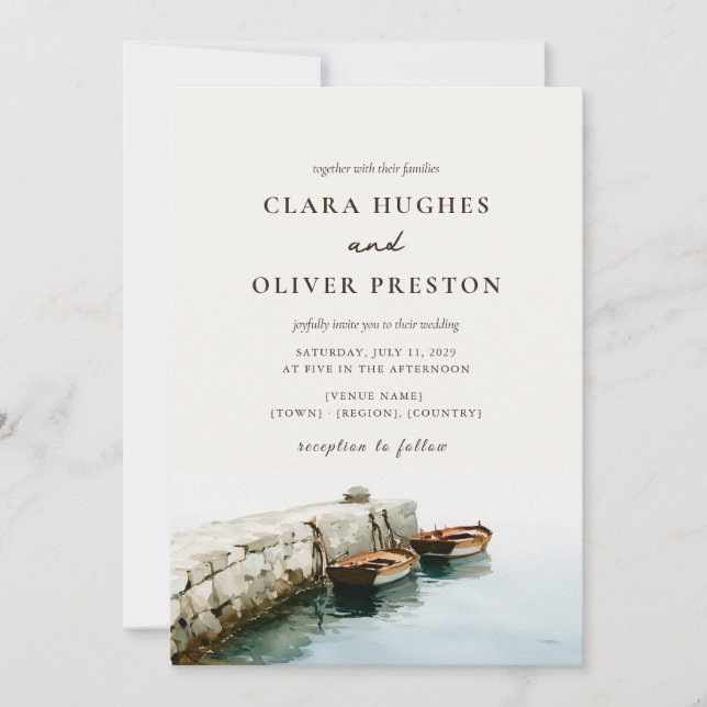 Ivory Slate Blue Script Amalfi Coast Boat Wedding  Invitation (Front)
