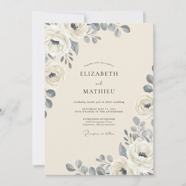 Ivory Slate Rose Wedding Invitation (Front)