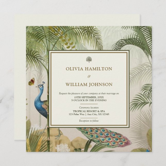 Ivory Square Tropical Peacock Palm Wedding Invitation (Front/Back)