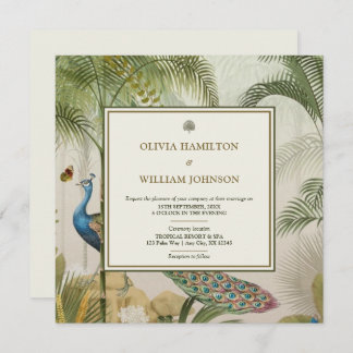 Ivory Square Tropical Peacock Palm Wedding Invitation