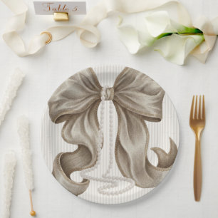 Ivory Striped Bow and Pearl Necklace Paper Plate