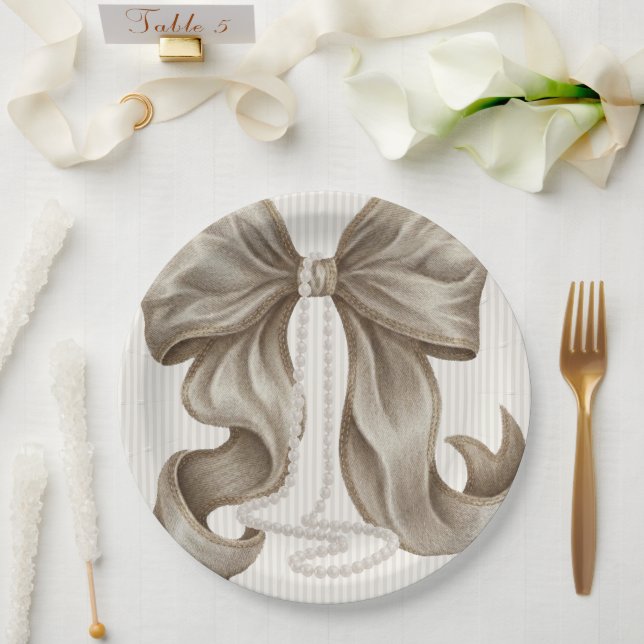 Ivory Striped Bow and Pearl Necklace Paper Plate (Wedding)