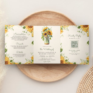 Ivory Sunflowers Mason Jar QR Code Wedding Tri-Fold Invitation