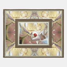 Ivory Tan floral with ladybug Tan Beige Area