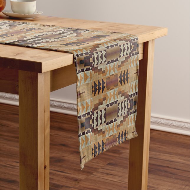 Ivory Taupe Beige Brown Rust Orange Tribal Art Long Table Runner (In Situ)