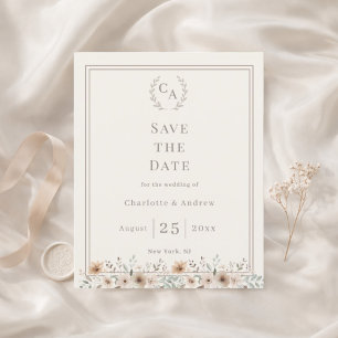 Ivory taupe monogram floral wedding Save the Date Flyer