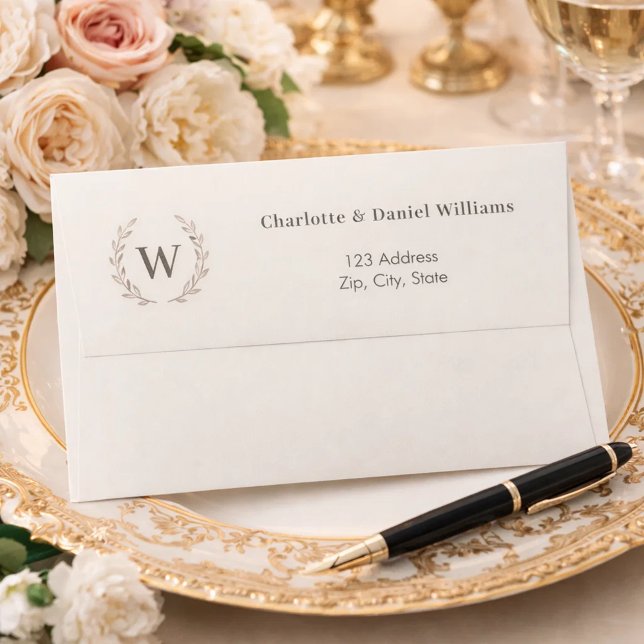 Ivory taupe monogram initial wreath return address envelope (Creator Uploaded)