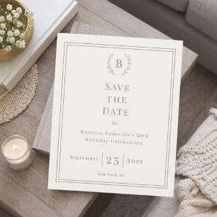 Ivory taupe monogram wreath birthday save the date