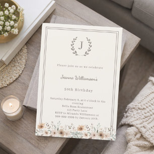 Ivory taupe monogram wreath florals birthday invitation