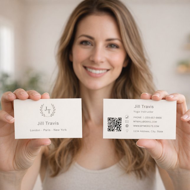 Ivory taupe monogram wreath modern minimalst QR Business Card (Creator Uploaded)