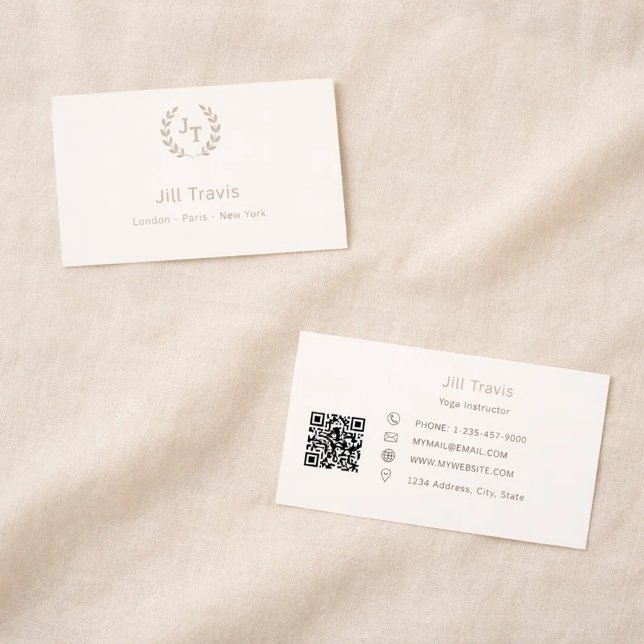 Ivory taupe monogram wreath modern minimalst QR Business Card (Creator Uploaded)