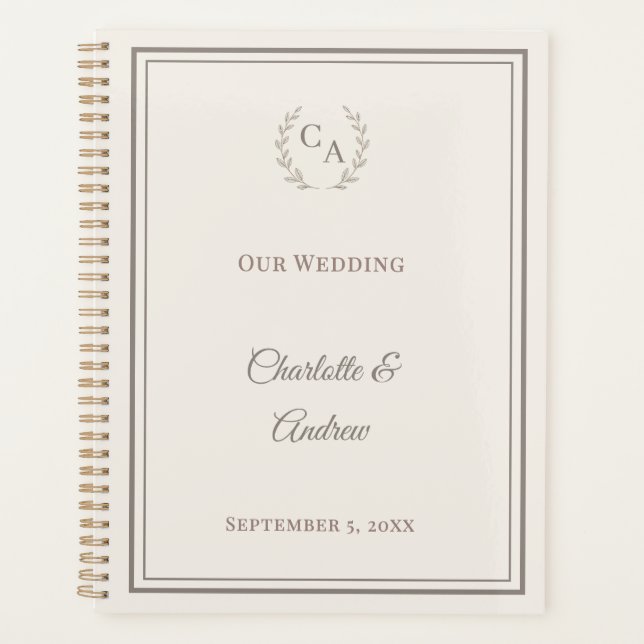 Ivory taupe monogrammed wedding planner (Front)