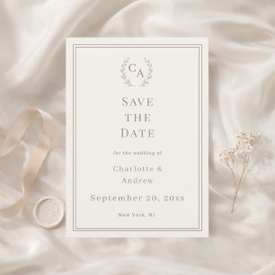 Ivory taupe monogrammed wreath wedding save the date