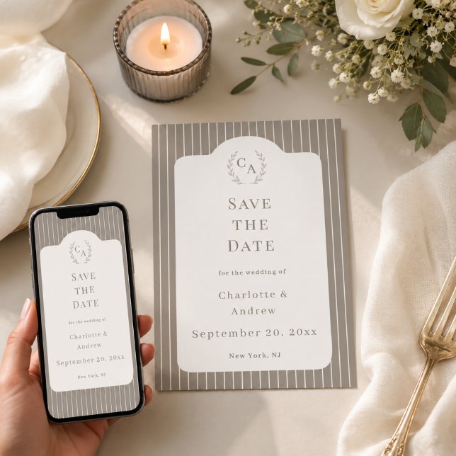 Ivory Taupe Neutral Pinstriped Wedding  Invitation (Creator Uploaded)