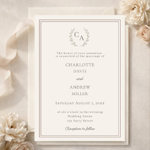 Ivory taupe wreath monogram luxury wedding  invitation