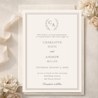 Ivory taupe wreath monogram simple wedding invitation