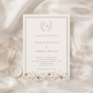Ivory taupe wreath monogrammed floral wedding invitation
